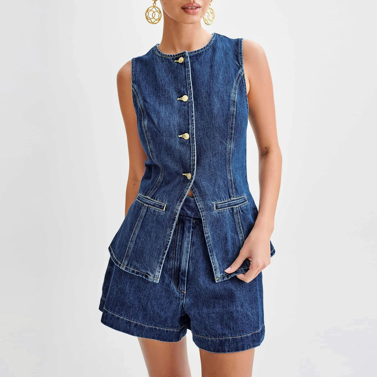 Women's Denim 2 Piece Casual Blazer Vest and Shorts Outfit