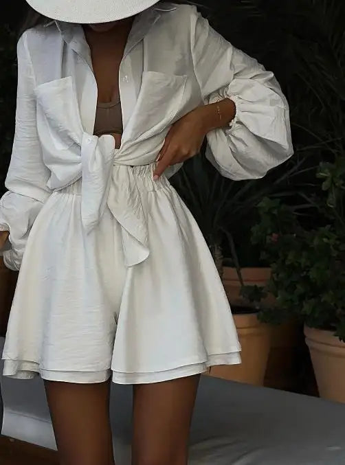 Women's Solid White Bubble Sleeve Shirt & Casual Shorts Set