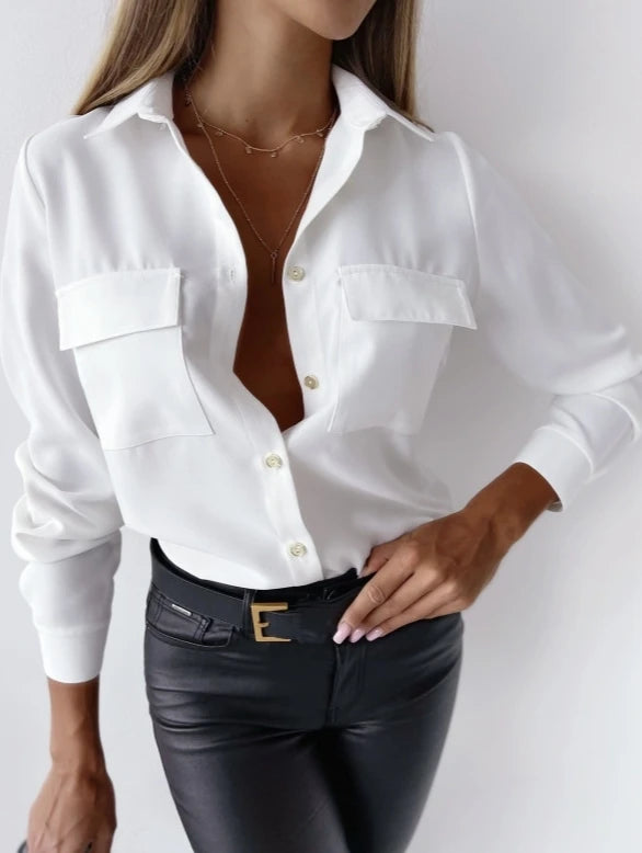 Chemise boutonnée à manches longues et couleur unie pour femme