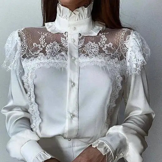 Chemise élégante à manches longues et col montant en maille et dentelle pour femme 