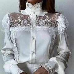 Elegant White High-Neck Mesh Lace Long-Sleeved Women's Shirt