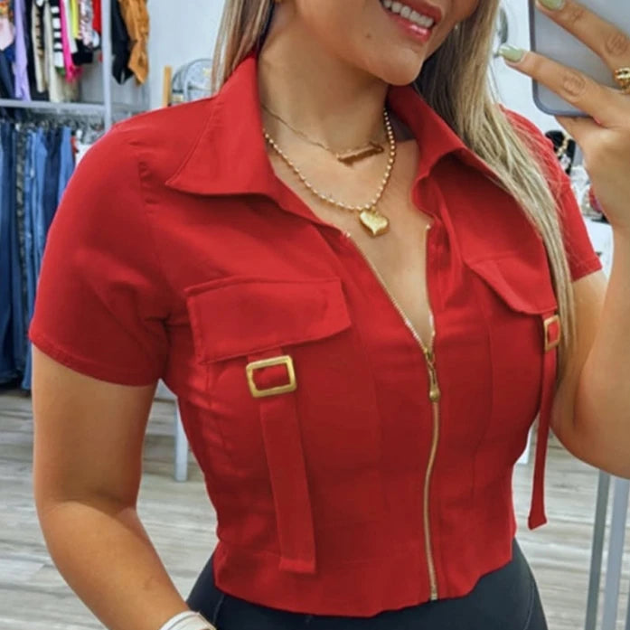 Women's Casual Turn-Down Collar Zipper Short Sleeve Blouse