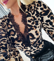 Elegant Leopard Print Plunge Lace Slim Fit Long Sleeve Top