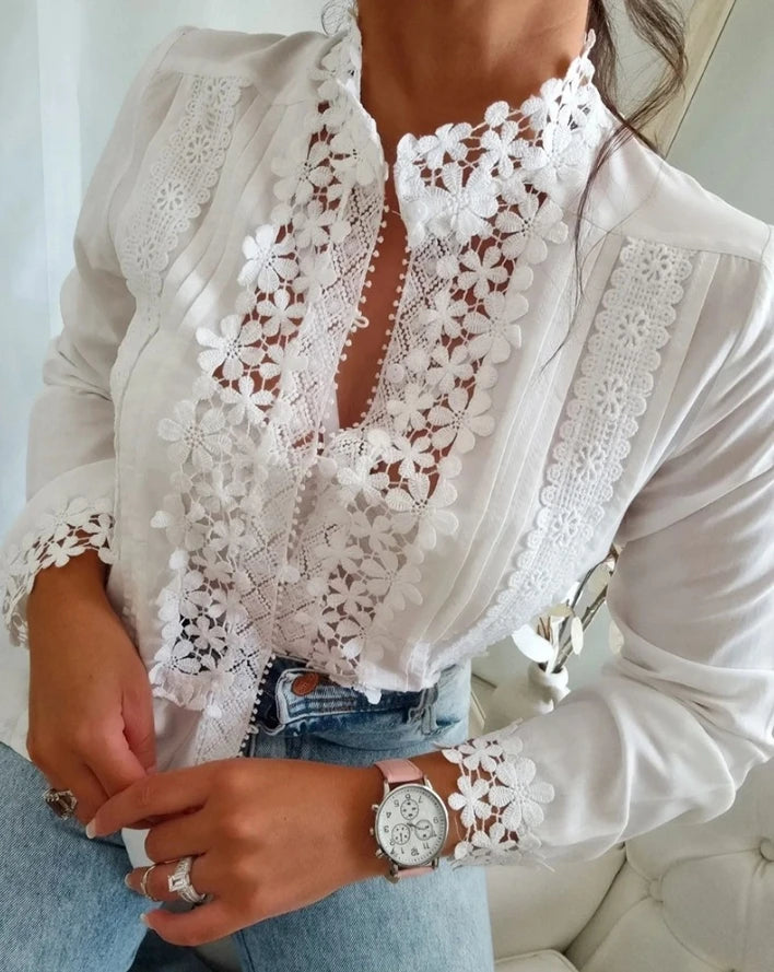 Women's Floral Pattern Lace Patch Button Long Sleeve Blouse