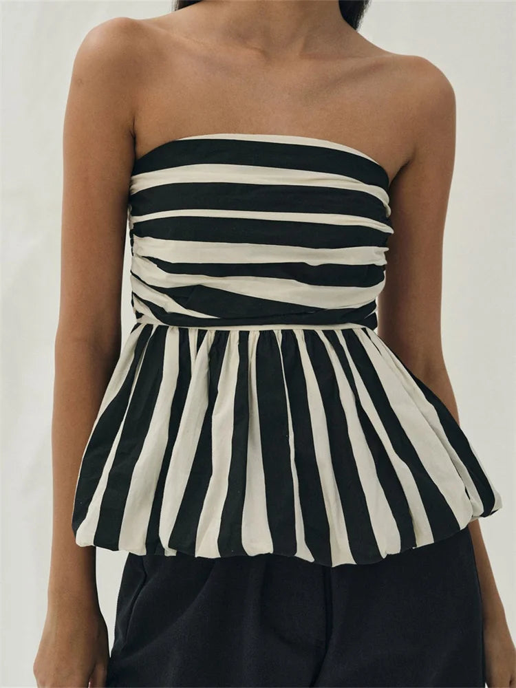 Women's Striped Print Strapless Ruched Backless Cropped Top