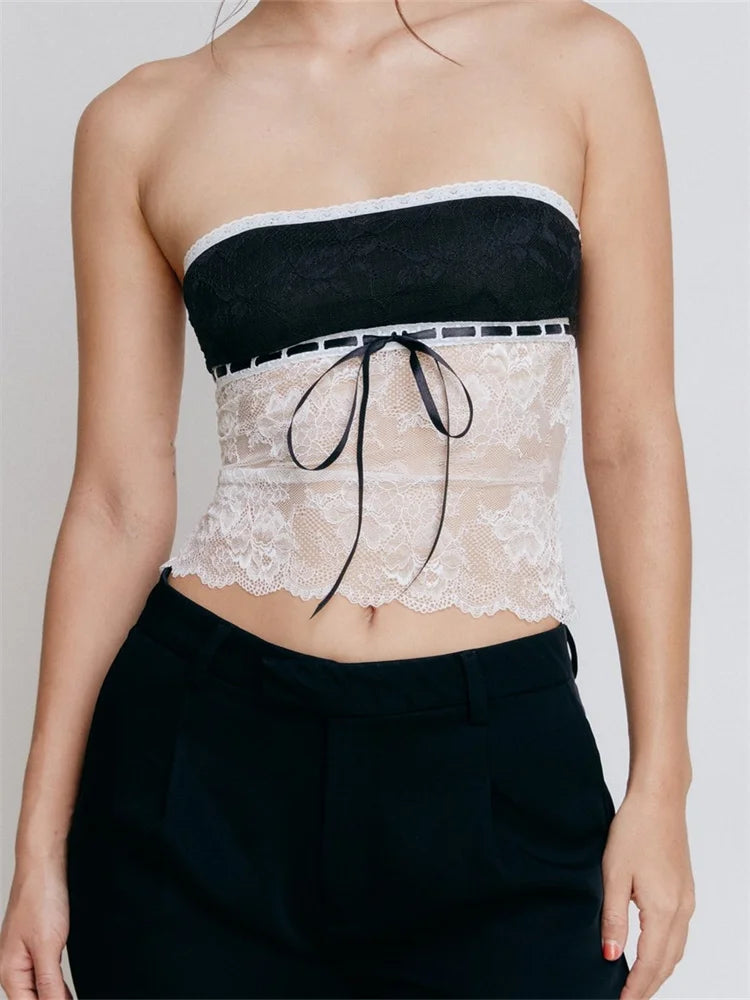 Haut mini bustier en dentelle florale à épaules dénudées pour femme