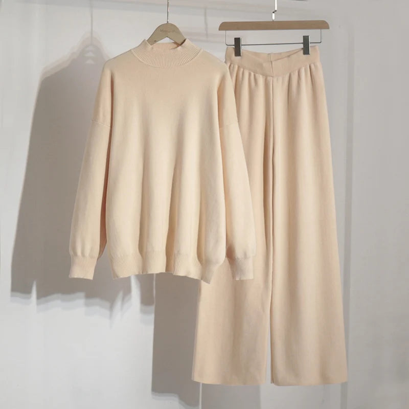 Ensemble pull à col roulé et pantalon tricoté pour femme 