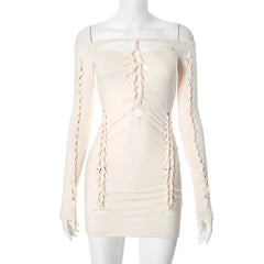Women's Apricot Off-Shoulder Mini Dress with Hollow Out Design