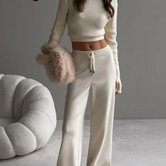 Women's Turtleneck Long Sleeve Knitted Sweater and Wide Leg Pants Set