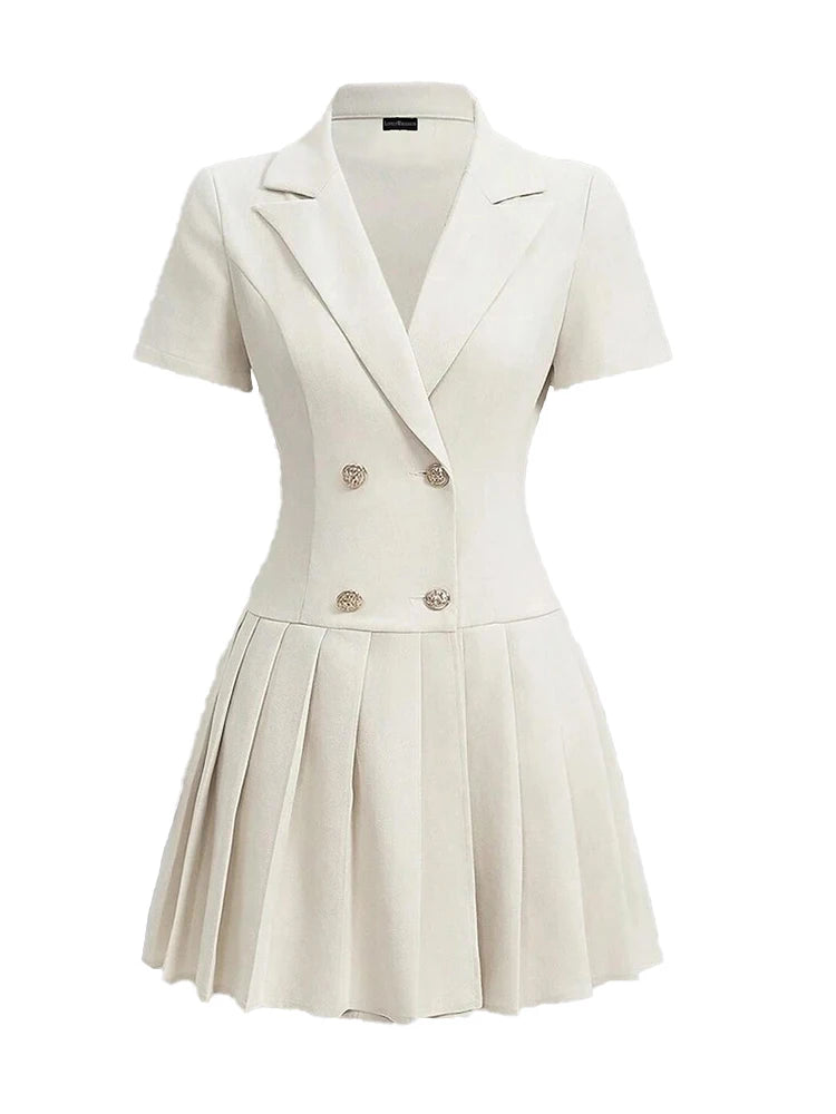 Women's Elegant White Pleated Mini Dress with Lapel Neck and Short Sleeves