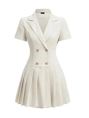 Women's Elegant White Pleated Mini Dress with Lapel Neck and Short Sleeves