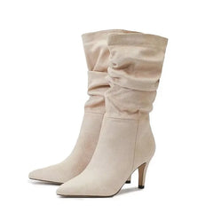 Vintage Pleated Pointed Toe Mid-Calf Ankle Boots for Women