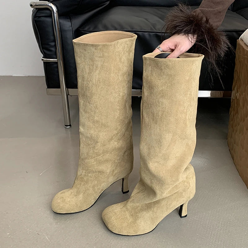 Fashion Square Toe Knee High Boots for Women, Autumn Winter Long Booties