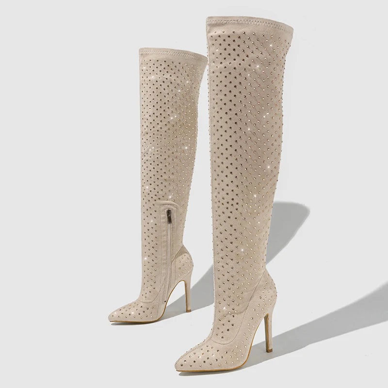 Bottes hautes à strass rouges pour femmes avec talons à bout pointu 