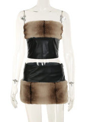 Women's Black Faux Fur Leather Two-Piece Corset and Skirt Set