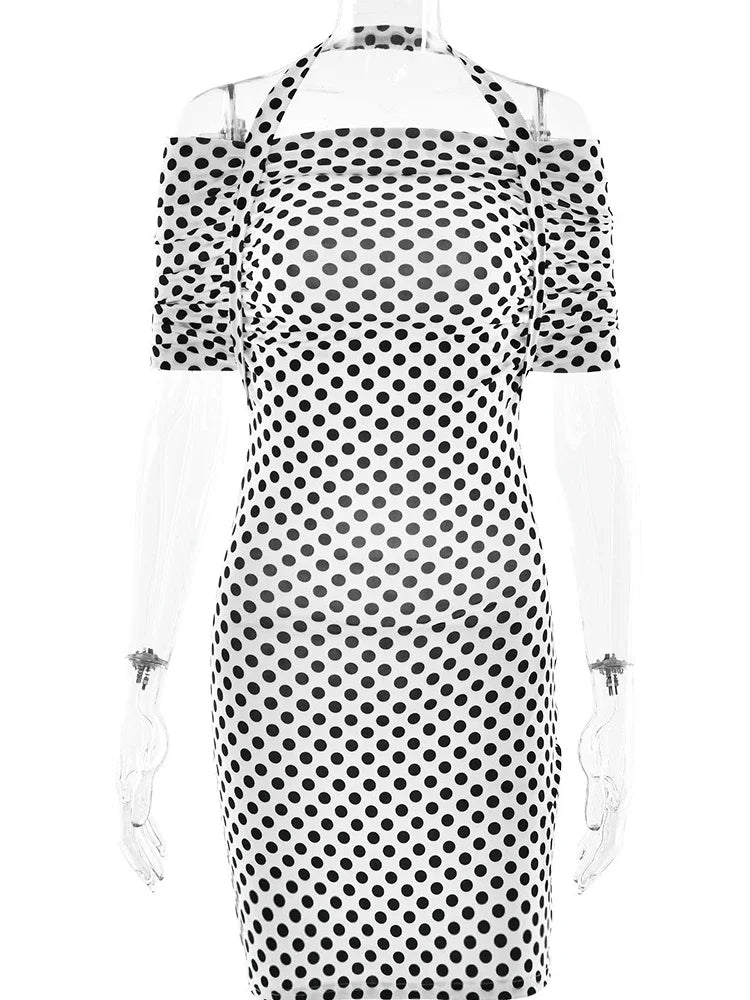 Women's White Polka Dot Halter Neck Backless Bodycon Dress