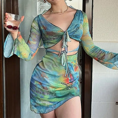 Vibrant Tie-Dye Cutout Dress with Bell Sleeves