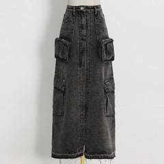 Women's High Waist Denim Patchwork Split Skirt with Pockets