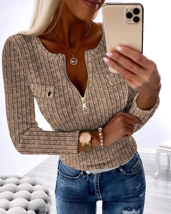 Fashion Woman Ribbed Casual Long Sleeve Button Zipper Top