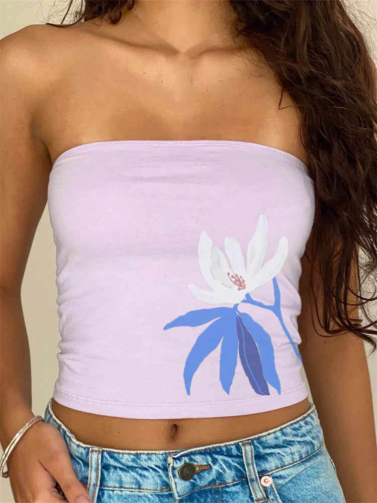 Women’s Floral Print Strapless Crop Tube Top Summer Streetwear