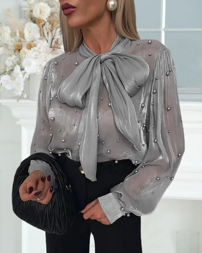 Women's Elegant Tie Neck Beaded Long Sleeve Casual Blouse