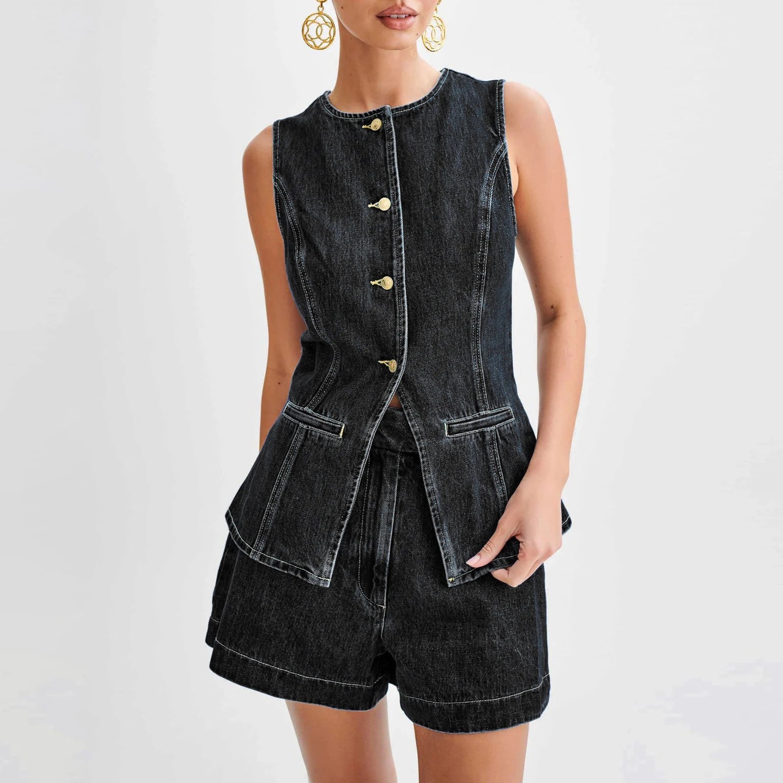 Women's Denim 2 Piece Casual Blazer Vest and Shorts Outfit