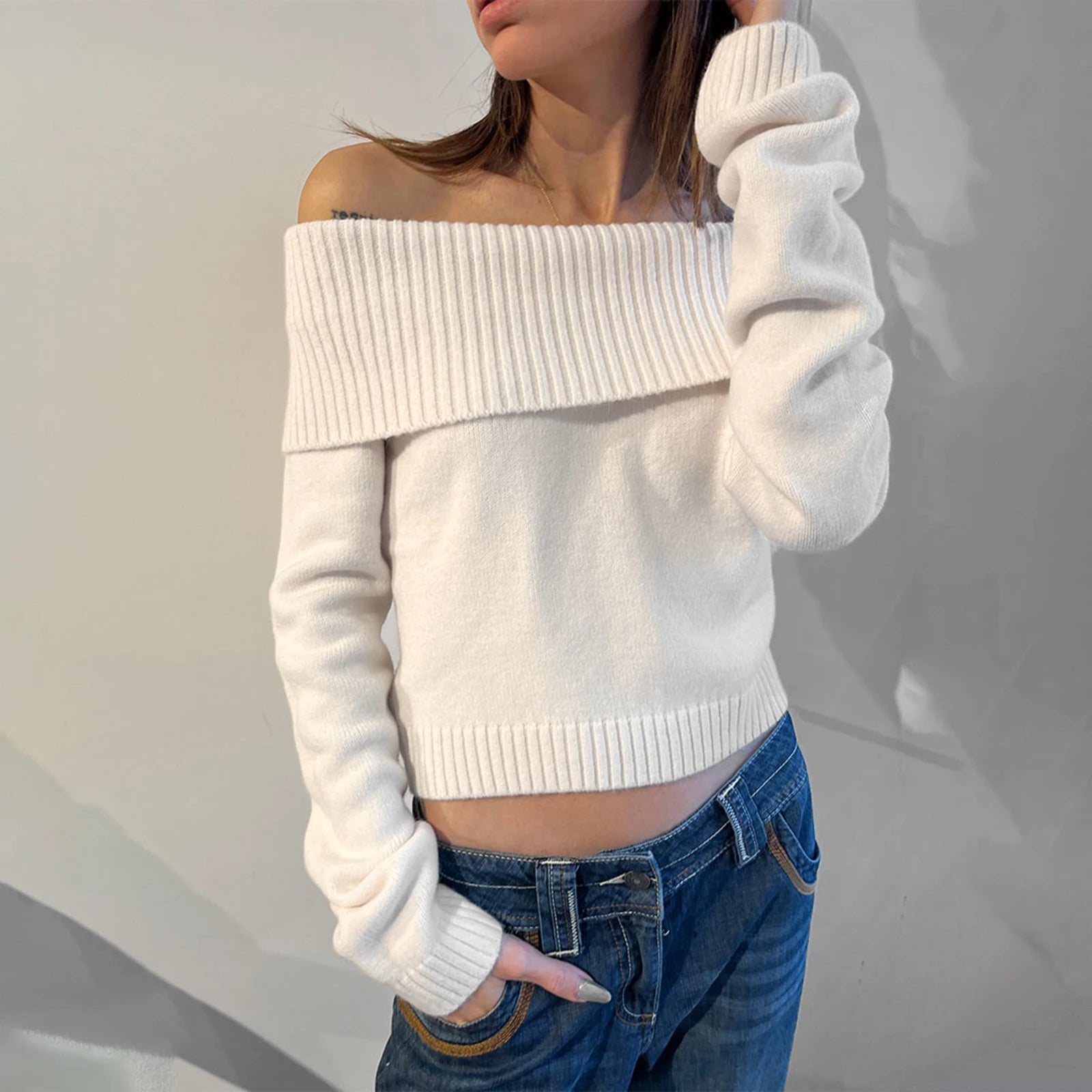 Women Off The Shoulder Knit Cropped Pullover Sweater Top