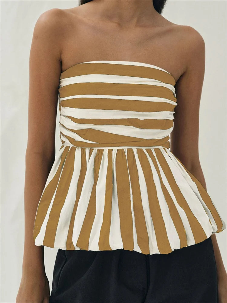 Women's Striped Print Strapless Ruched Backless Cropped Top