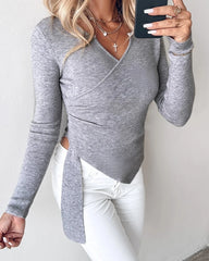 Casual V-Neck Long Sleeve Ruched Knit Sweater Pullover Top