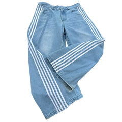 Women's Wide Leg Denim Pants with Side Stripes and Pockets