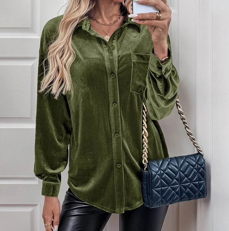 Women's Elegant Long Sleeved Velvet Cardigan Top with Lapel Collar