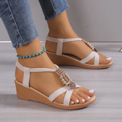 New Women Solid Color Ankle Buckle Wedge Sandals