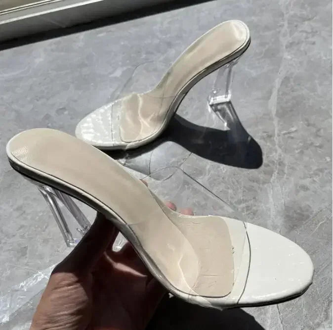 Chaussons en gelée transparents pour femmes, talons hauts ouverts à bout carré 