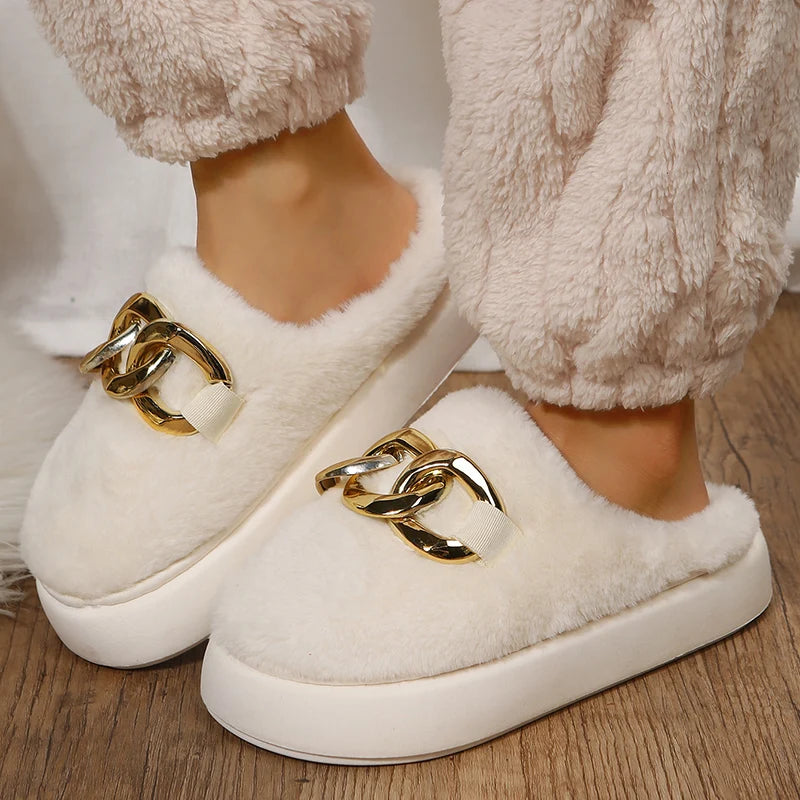 Platform Ladies Rhinestone Warm Fur Slippers for Indoor Use