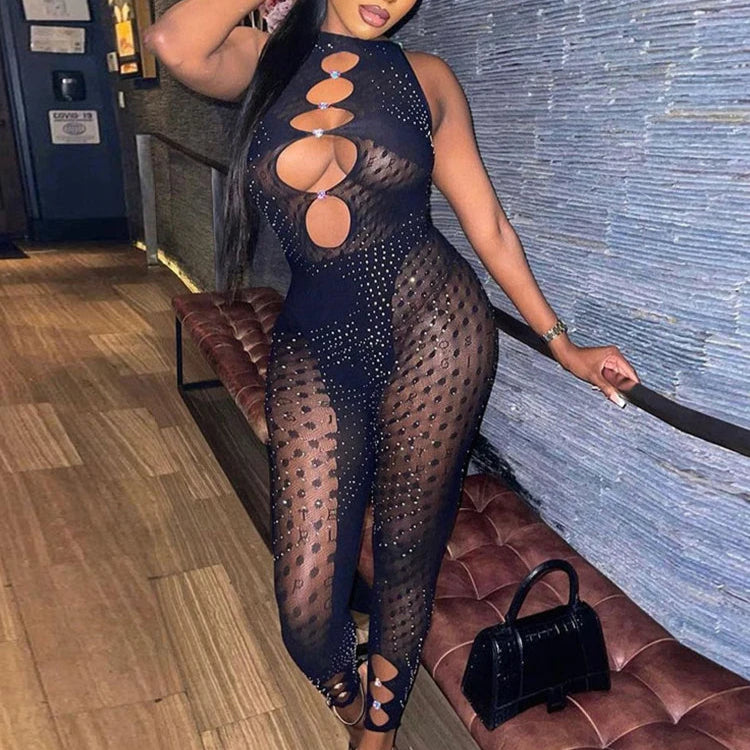 Women's Hollow Mesh Jumpsuit Bodysuit for Club Wear