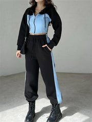 Women's Denim Patchwork Hooded Top and Pants Casual Set