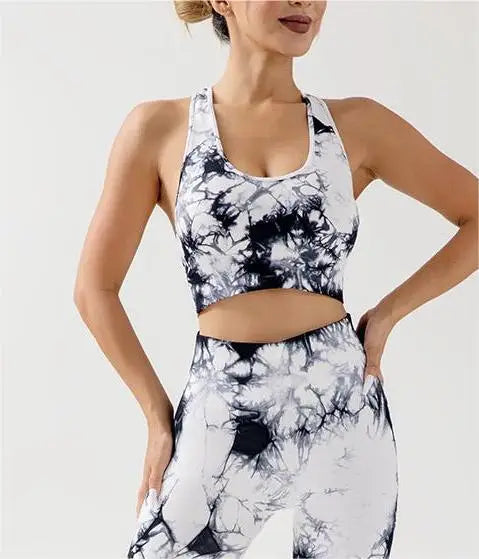 Ensemble de yoga sans coutures tie dye pêche avec pantalon rehaussant les hanches et soutien-gorge