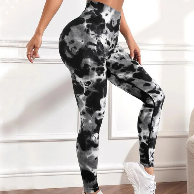 Legging de fitness taille haute sans coutures Tie Dye pour le yoga et la course à pied 