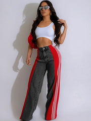 Women’s Striped Denim Loose Pants with Buttons and Pockets