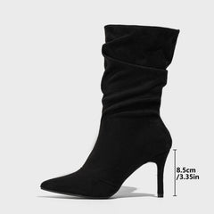 Women's Black Suede Pointed Toe High Heel Mid-Calf Boots Plus Size