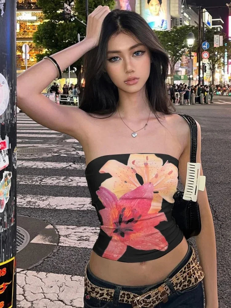 Floral Printed Bandeau Top for Women with Strapless Design