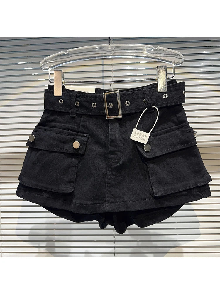 Short cargo taille haute noir pour femme, style streetwear tendance 