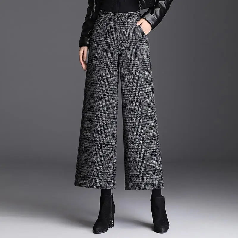 Autumn Winter Women's Woolen Plaid Wide Leg High Waist Pants