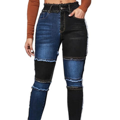 Women's Blue and Black Contrast Tight Jeans for Stylish Look