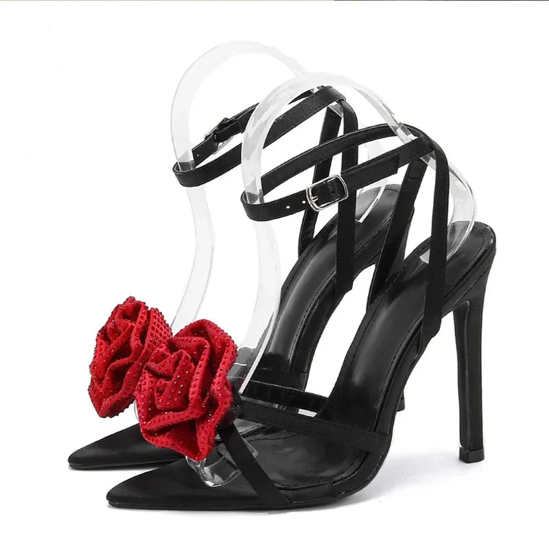 Summer Fashion Crystal Flower Women's Blue Thin High Heels Sandals