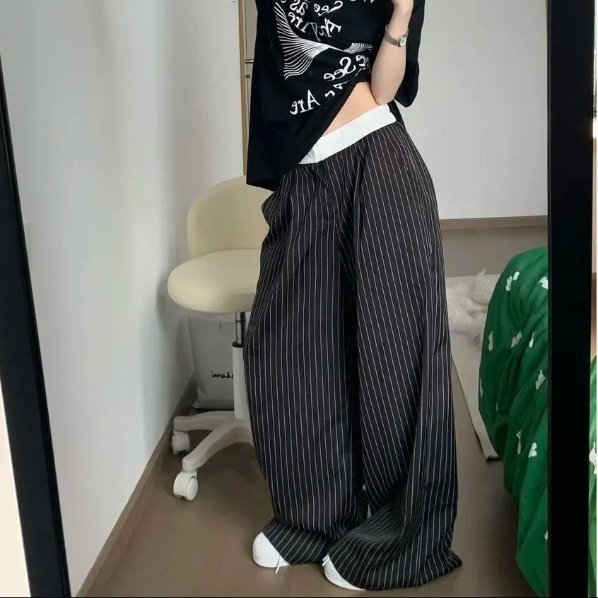 Women's Casual Striped High Waist Wide Leg Patchwork Pants