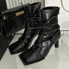 Women's Black Cross-Strap Ankle Boots Punk Style High Heels