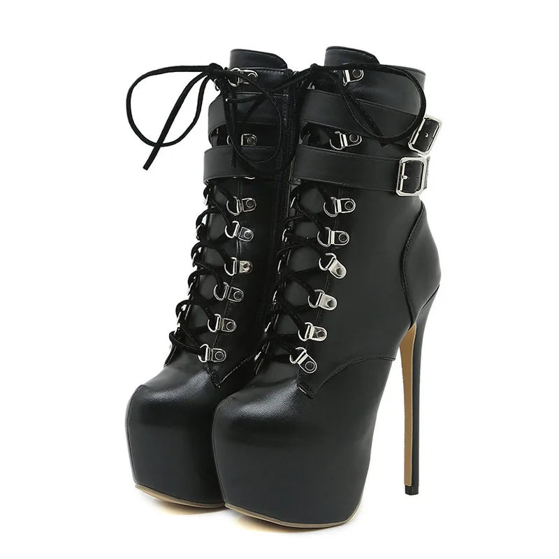 Women's Black Buckle Strap 16.5 CM High Heels Platform Boots