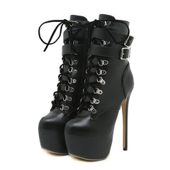 Women's Black Buckle Strap 16.5 CM High Heels Platform Boots