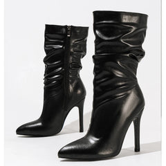 Women's Pleated Pointed Toe Zipper Ankle Boots with Thin High Heels